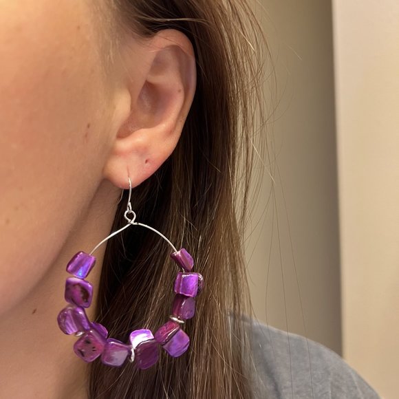 Bohemian Amethyst Purple Abalone Shell Beaded Dangle Hoop Earrings NEW - Picture 2 of 4